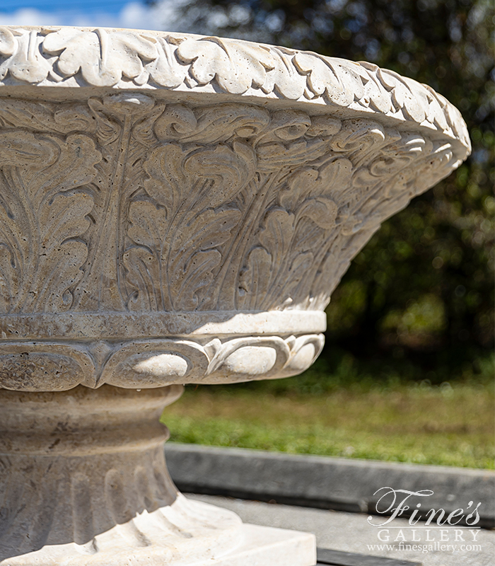 Search Result For Marble Planters  - Oversized Traditional Acanthas Leaf Scrollwork Urn In Classic Light Travertine - MP-393